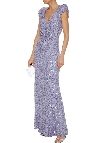 Shop Jenny Packham Twist-front Embellished Georgette Gown In Lavender