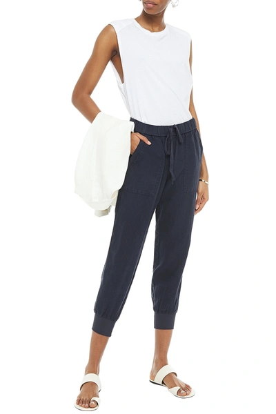 Shop Joie Mellina Cropped Linen Tapered Pants In Midnight Blue