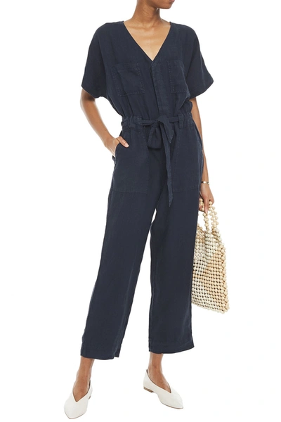 Shop Joie Frodina Belted Linen Jumpsuit In Midnight Blue