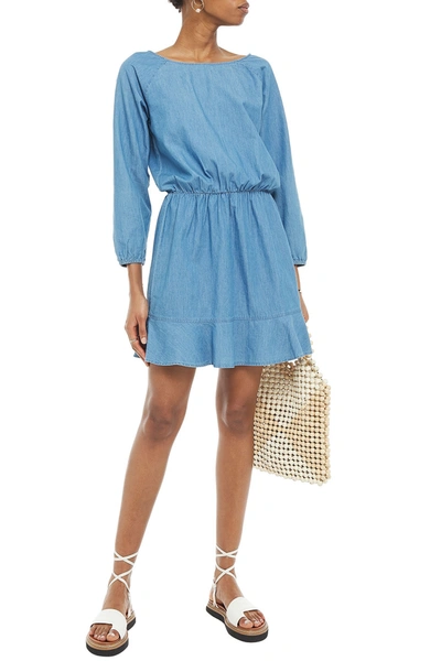 Shop Joie Arryn B Fluted Cotton-chambray Mini Dress In Mid Denim