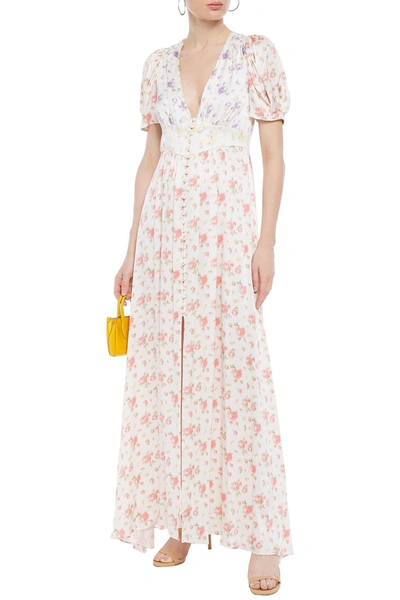 Shop Loveshackfancy Stacy Gathered Floral-print Silk-charmeuse Maxi Dress In Ivory