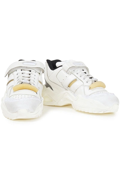Shop Maison Margiela Retro Fit Distressed Suede-trimmed Leather Sneakers In Off-white