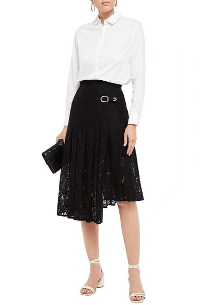 Shop Maje Jalilo Buckled Asymmetric Pleated Guipure Lace Midi Skirt In Black