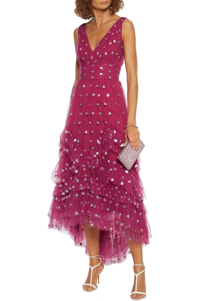 Shop Marchesa Notte Sequin-embellished Tiered Ruffled Tulle Midi Dress In Fuchsia