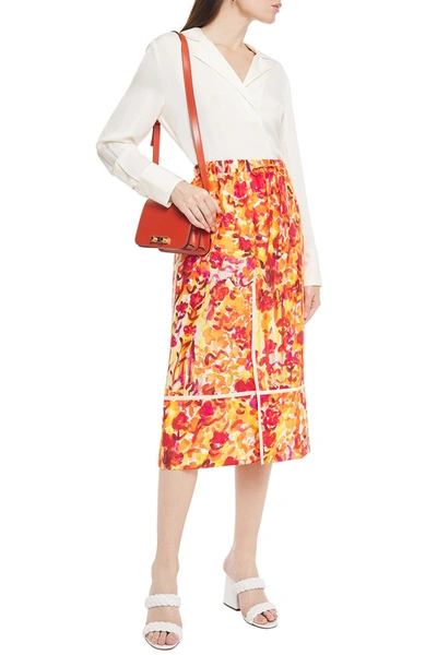 Shop Marni Floral-print Silk-habotai Midi Skirt In Orange