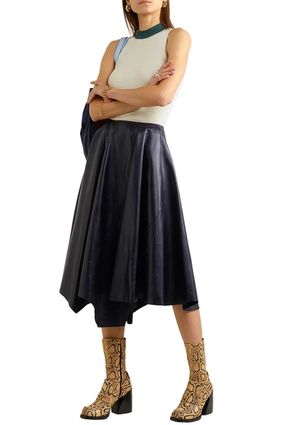 Shop Marni Asymmetric Leather Midi Skirt In Midnight Blue