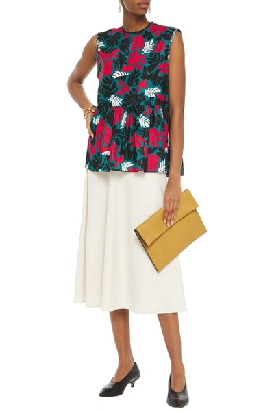 Shop Marni Printed Linen And Cotton-blend Peplum Top In Teal