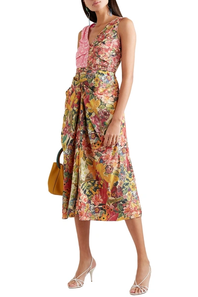 Shop Marni Ruched Floral-print Cotton-poplin Midi Dress In Multicolor