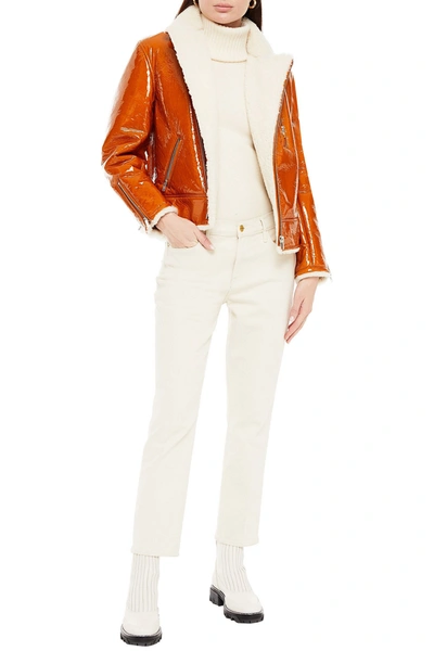 Shop Mcq By Alexander Mcqueen Zip-detailed Crinkled Coated-shearling Biker Jacket In Bright Orange