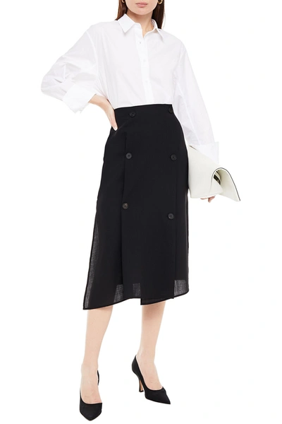 Shop Mcq By Alexander Mcqueen Satin-paneled Button-detailed Wool-twill Wrap Skirt In Black