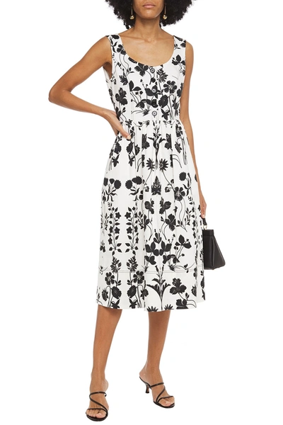 Shop Oscar De La Renta Gathered Floral-print Cotton-blend Twill Midi Dress In White