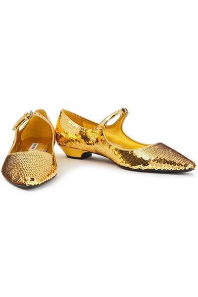 Shop Miu Miu Sequined Leather Point-toe Flats In Gold
