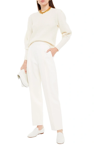 Shop Oscar De La Renta Wool-blend Crepe Straight-leg Pants In Off-white