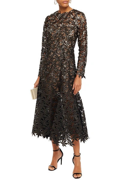 Shop Oscar De La Renta Sequin-embellished Metallic Guipure Lace And Mesh Midi Dress In Black