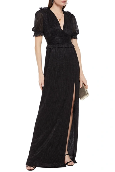 Shop Rebecca Vallance Luna Ruffle-trimmed Plissé Lamé Gown In Black