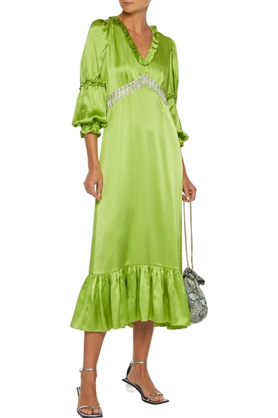 Shop Shrimps Rosemary Ruffle-trimmed Floral-print Lamé Midi Dress In Lime Green