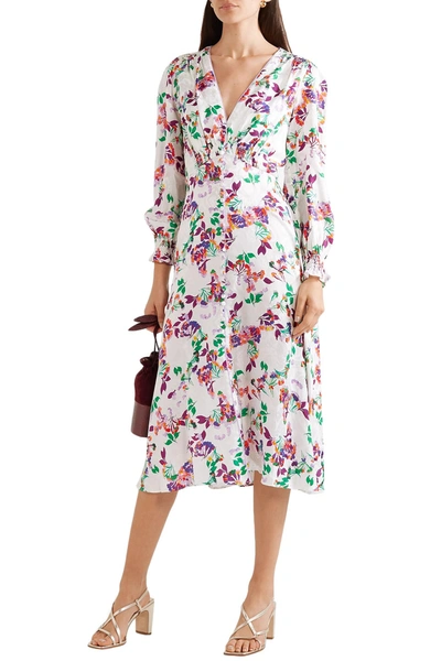 Shop Saloni Eve C Shirred Floral-print Silk-jacquard Midi Dress In White