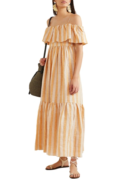 Shop Three Graces London Ida Cold-shoulder Metallic Striped Linen-blend Maxi Dress In Saffron