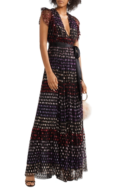 Shop Temperley London Wendy Belted Ruffled Sequined Tulle Gown In Black