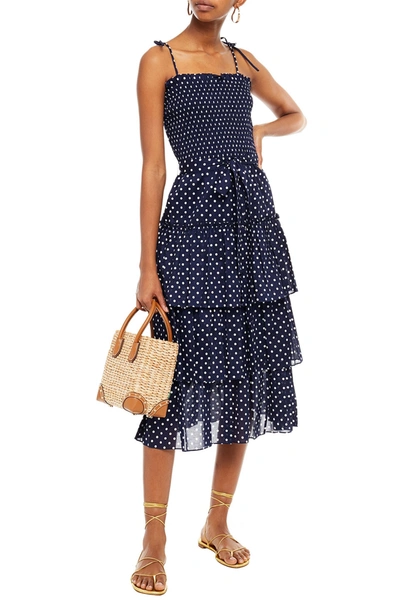 Shop Tory Burch Tiered Shirred Polka-dot Cotton-voile Midi Dress In Navy