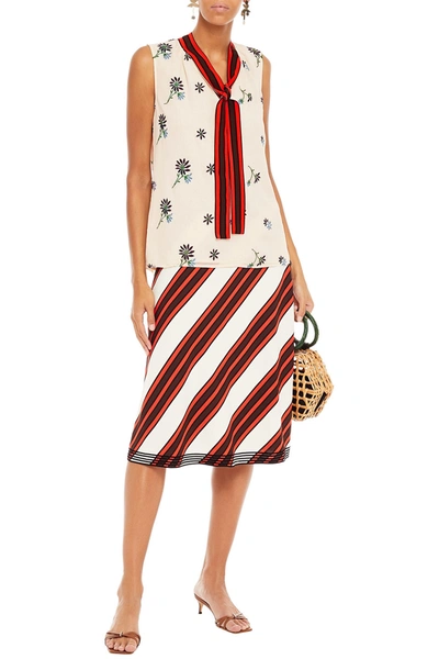 Shop Tory Burch Velvet-trimmed Striped Crepe De Chine Skirt In Ivory