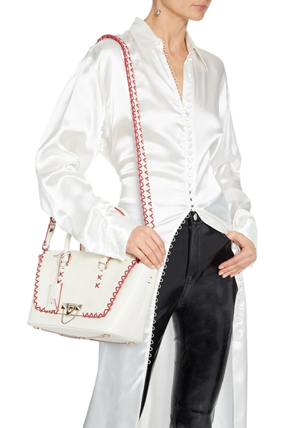 Shop Valentino Demilune Medium Whipstitched Leather Tote In Off-white