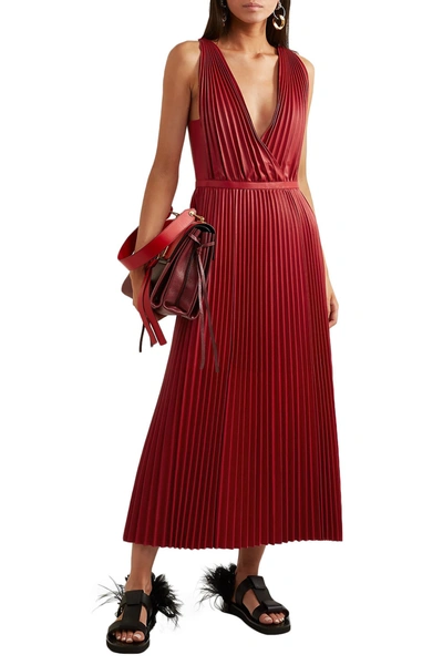 Shop Valentino Pleated Leather Maxi Dress In Red