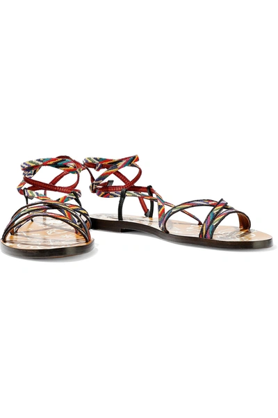 Shop Valentino Lace-up Embroidered Woven Sandals In Multicolor