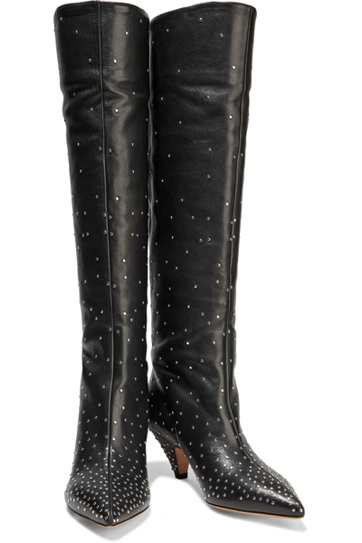 Shop Valentino Studded Textured-leather Knee Boots In Black