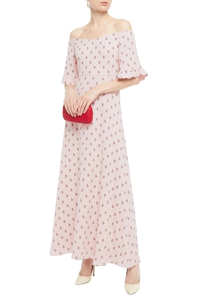 Shop Valentino Off-the-shoulder Floral-print Silk Crepe De Chine Maxi Dress In Pastel Pink