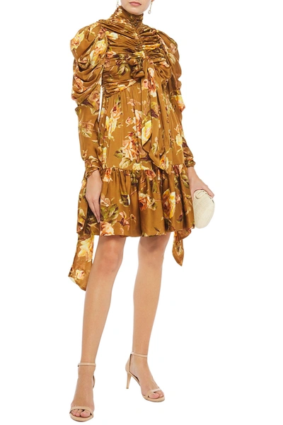 Shop Zimmermann Resistance Bow-detailed Ruched Floral-print Silk-satin Mini Dress In Light Brown