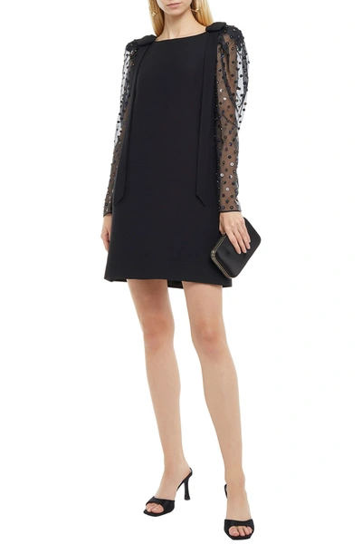 Shop Valentino Embellished Chiffon-paneled Wool And Silk-blend Mini Dress In Black