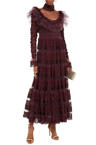 Shop Zimmermann Resistance Paneled Corded Lace, Flocked Tulle And Washed-silk Maxi Dress In Merlot