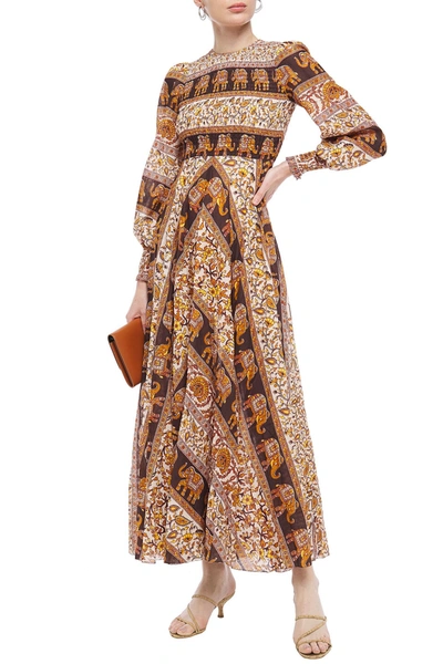Shop Zimmermann Suraya Shirred Printed Cotton-mousseline Maxi Dresss In Brown