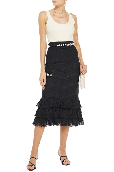 Shop Zimmermann Tiered Broderie Anglaise Voile And Lace Midi Skirt In Black