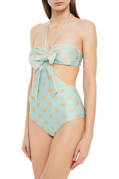 Shop Zimmermann Kirra Tie Bow-embellished Cutout Polka-dot Halterneck Swimsuit In Mint