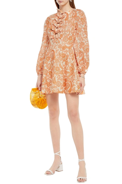 Shop Zimmermann Peggy Knotted Printed Linen Mini Dress In Orange