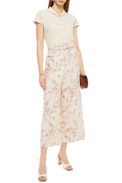 Shop Zimmermann Super Eight Safari Cropped Belted Printed Linen Wide-leg Pants In Off-white