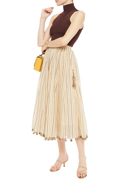 Shop Zimmermann Suraya Tassel-trimmed Metallic Striped Cotton-blend Gauze Midi Skirt In Cream