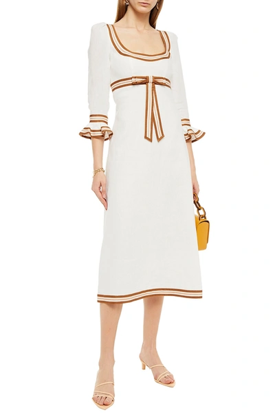 Shop Zimmermann Super Eight Grosgrain-trimmed Linen Midi Dress In Off-white