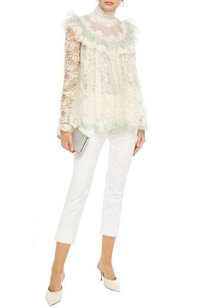 Shop Zimmermann Ruffled Metallic Point D'esprit And Corded Lace Blouse In Cream