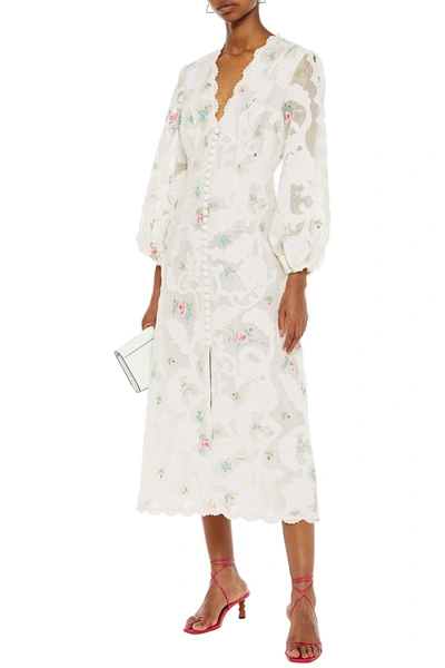 Shop Zimmermann Zinnia Scallop Cutout Embroidered Burnout Ramie-blend Midi Dress In Off-white