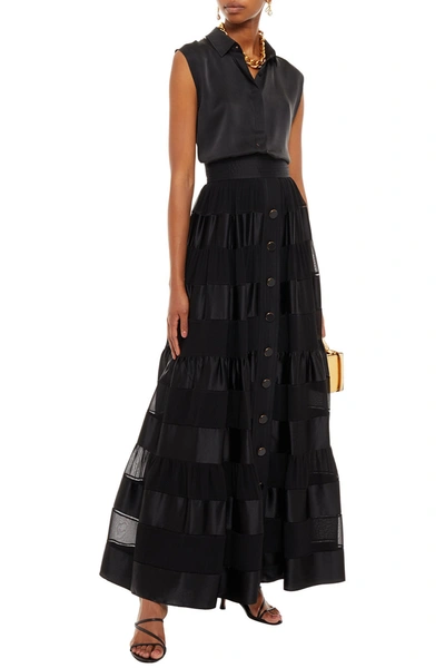 Shop Zimmermann Cotton Poplin-trimmed Silk-satin And Georgette Maxi Skirt In Black