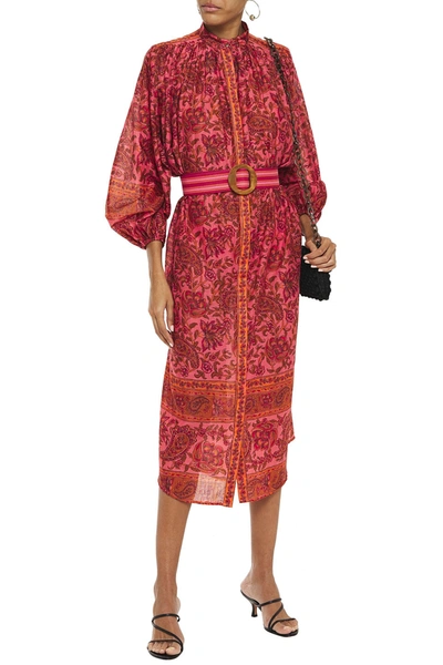Shop Zimmermann Edie Batwing Belted Floral-print Cotton-voile Midi Dress In Papaya