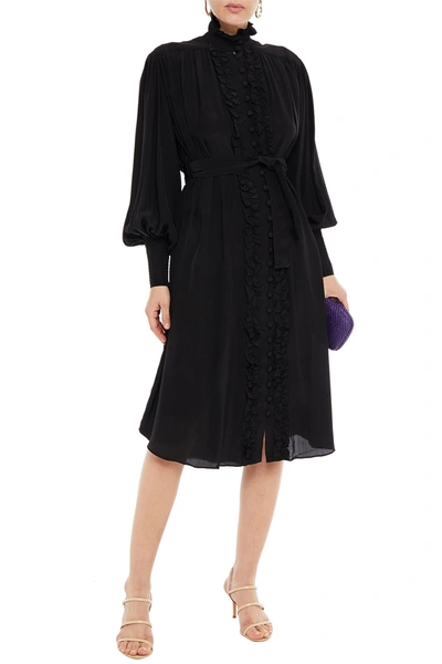 Shop Zimmermann Espionage Ruffle-trimmed Silk Crepe De Chine Midi Dress In Black