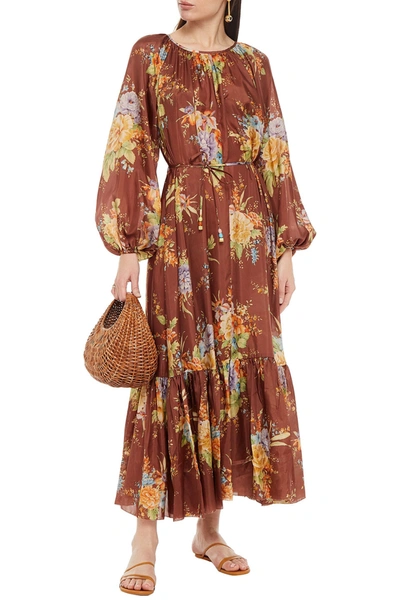 Shop Zimmermann Zinnia Tie-back Gathered Floral-print Silk-voile Maxi Dress In Brown