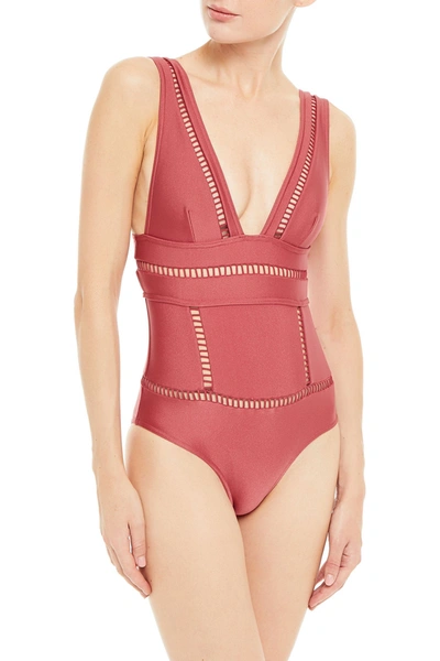 Shop Zimmermann Bonita Ladder Lattice-trimmed Swimsuit In Antique Rose