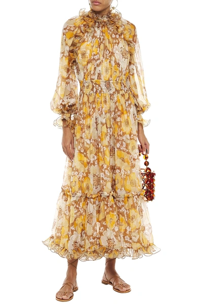 Shop Zimmermann Super Eight Ruffle-trimmed Floral-print Silk-georgette Maxi Dress In Mustard