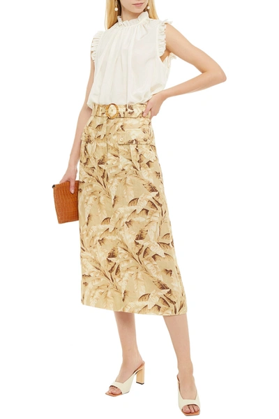 Shop Zimmermann Super Eight Safari Belted Printed Linen Midi Skirt In Mustard