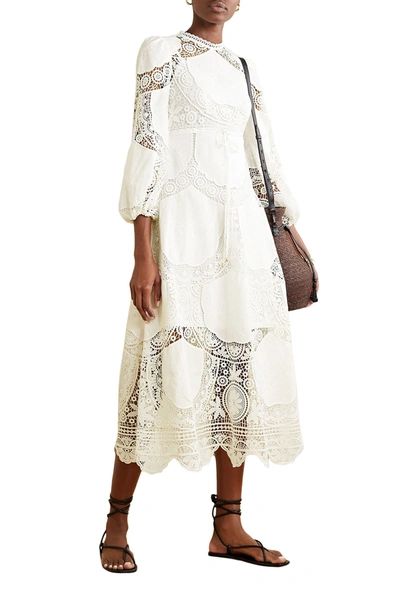 Shop Zimmermann Bonita Crochet-paneled Embroidered Linen And Cotton-blend Midi Dress In Off-white